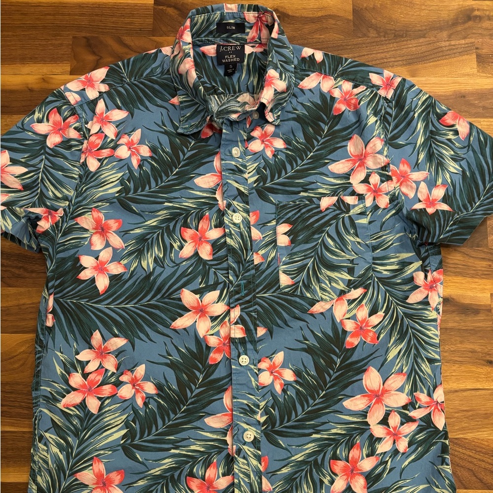 J. Crew Factory Blue Floral Shirt with Pink and Green Accents